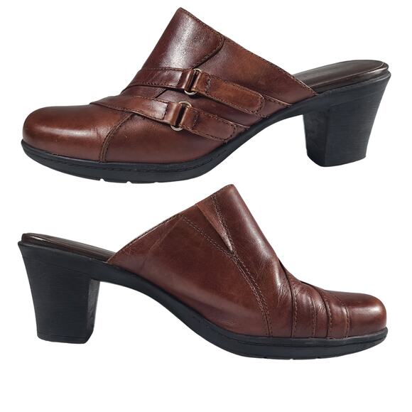 Clarks Bendables Brown Leather Mules Clogs Shoes Strap Buckles 9 1/2 M - Picture 1 of 6